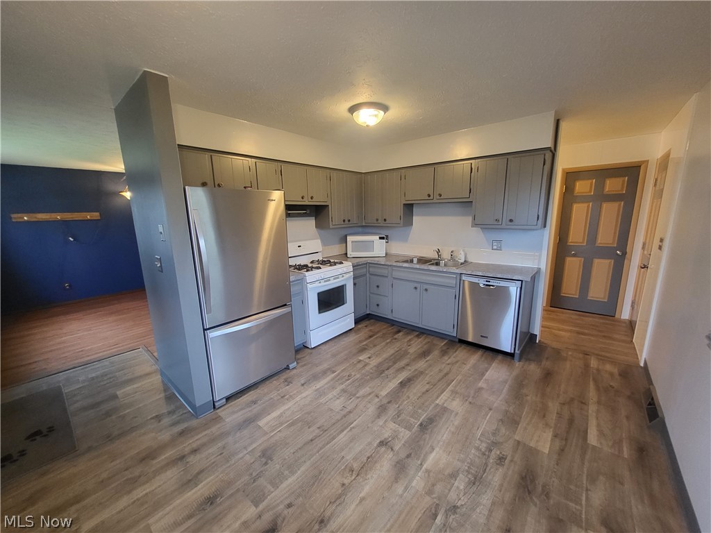 Kitchen featuring sink, dark hardwood / wood-style flooring, gray cabinets, and stainless steel appliances