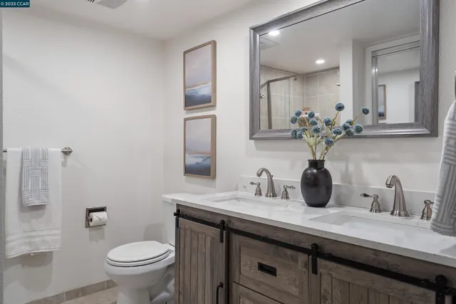 a bathroom with a sink a toilet and mirror