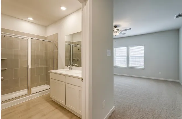 a bathroom with a shower sink and mirror