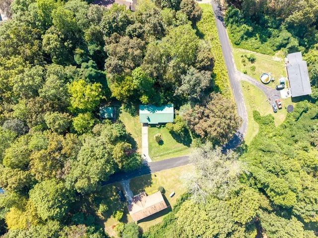 an aerial view of a yard with plants