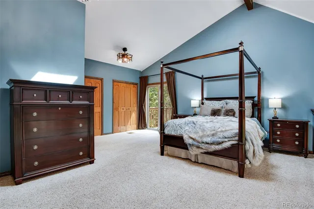 a bedroom with a bed and a closet