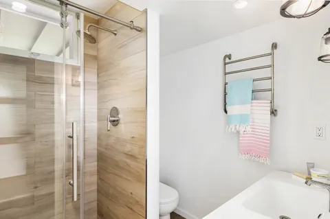 a bathroom with a shower and a toilet