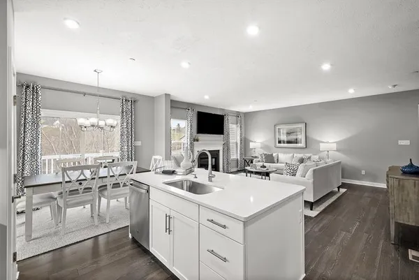 a kitchen with sink a white cabinets and couches
