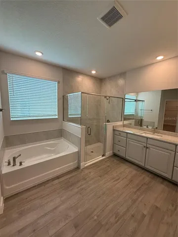 a bathroom with a tub sink shower and mirror