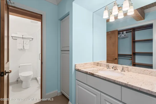a bathroom with a granite countertop sink toilet and shower