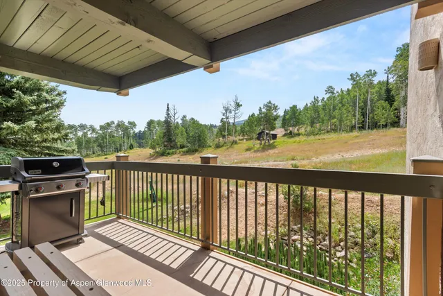 a view of a balcony with wooden floor