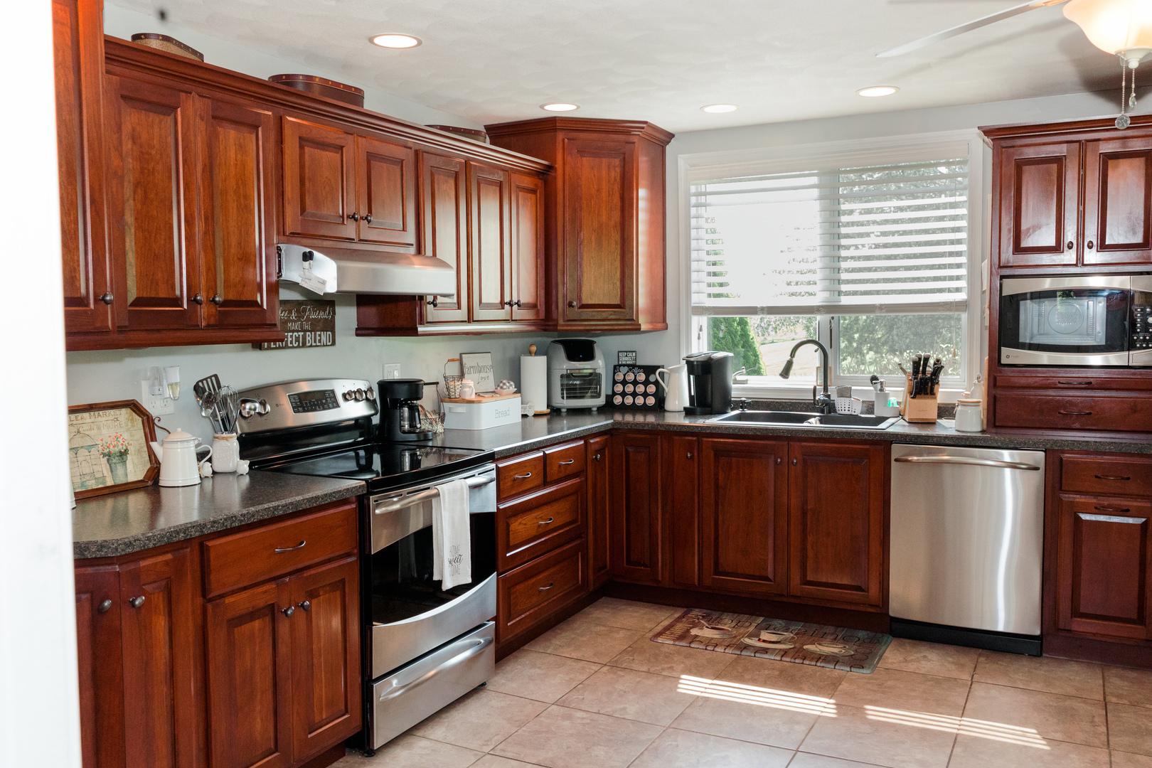 9768 Burns Road Fenton, IL 61251 - Photo 10 of 24 a kitchen with stainless steel appliances granite countertop wooden cabinets a stove a sink and dishwasher