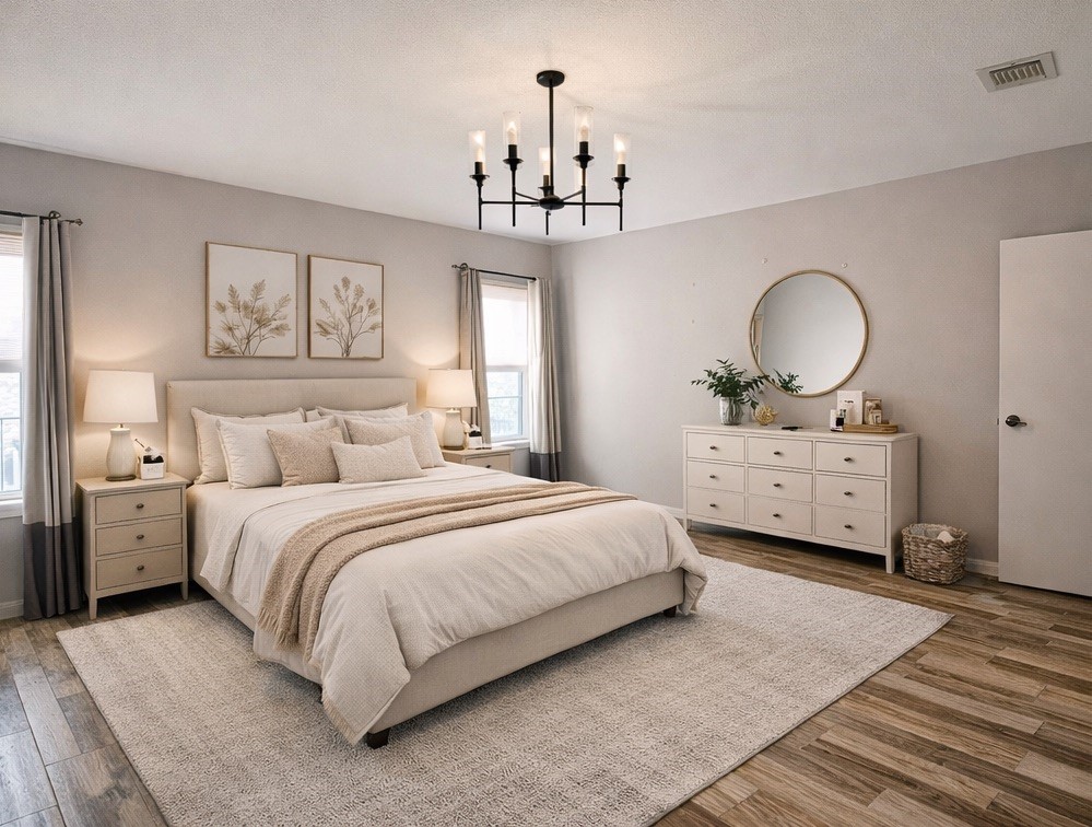 4001 Tanglewilde Street, Unit 1203 Houston, TX 77063 - Photo 2 of 14 a spacious bedroom with a bed a chandelier and a window