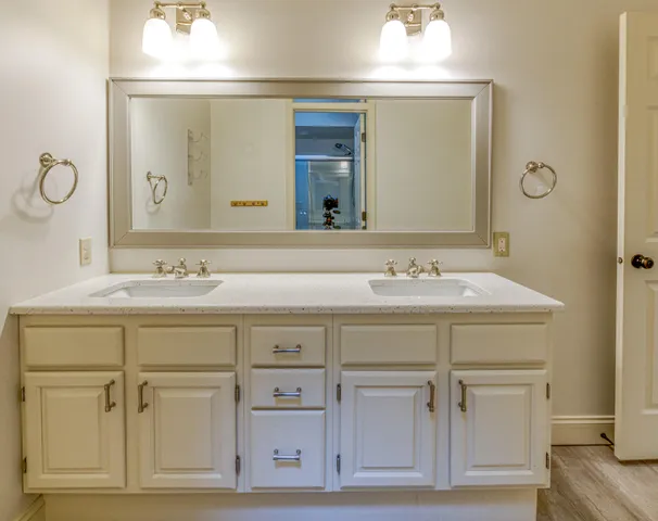 a bathroom with a sink vanity and a mirror
