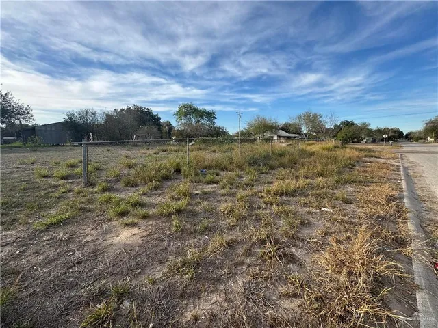 a view of dirt field with large trees