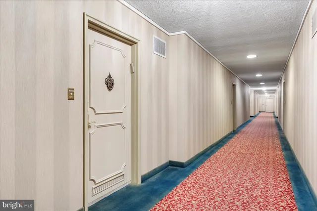 a hallway with chairs and rug