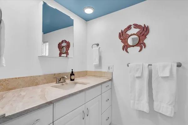 a bathroom with a sink and a mirror