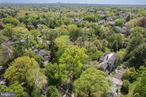 an aerial view of a forest with houses