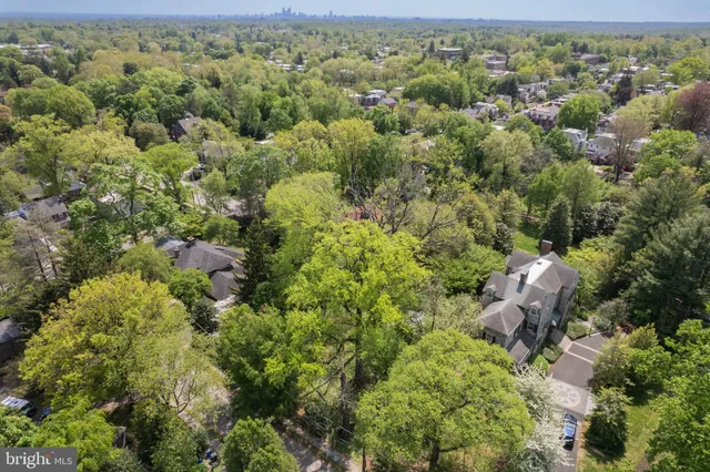 an aerial view of a forest with houses