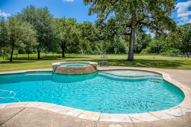a view of a swimming pool with a yard and trees