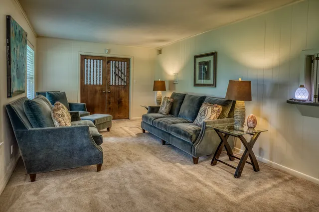 a living room with furniture and a potted plant