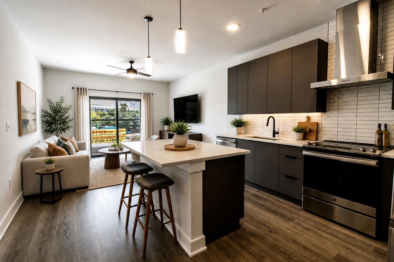 2220 Webberville Road, Unit 202 Austin, TX 78702 - Photo 7 of 27 An open kitchen layout with sleek dark cabinetry and clean-lined wood-textured flooring.
Virtually staged photo. Furnishings shown are for illustrative purposes only.
