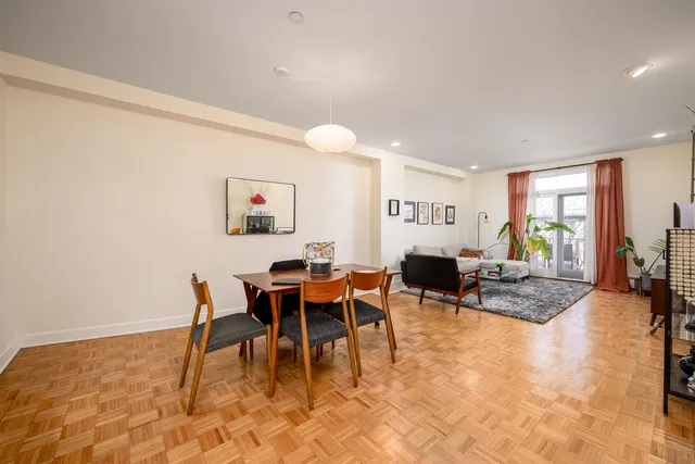 a view of a dining room with furniture