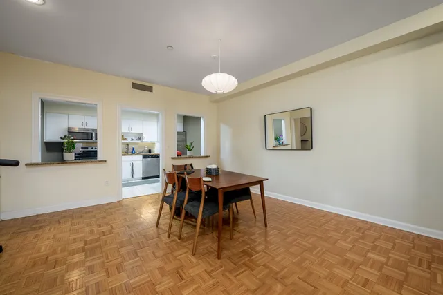 a view of a dining room with furniture