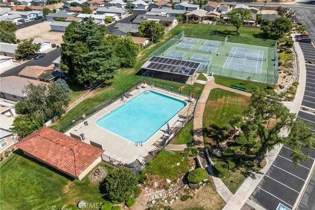 an aerial view of a backyard