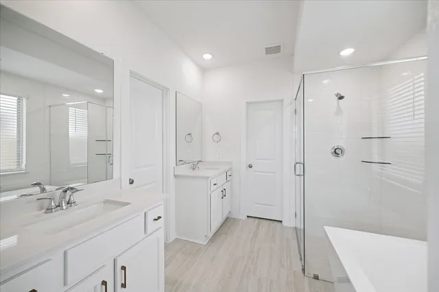 a bathroom with a double vanity sink a large mirror and shower