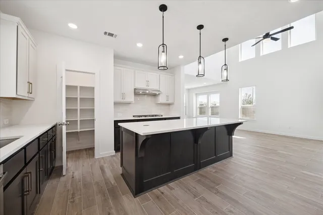 a kitchen with stainless steel appliances granite countertop a sink a stove and a wooden floors