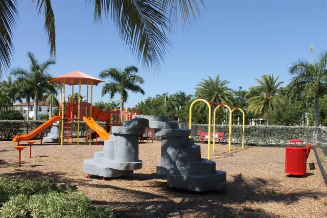 a view of a park with swings and slide