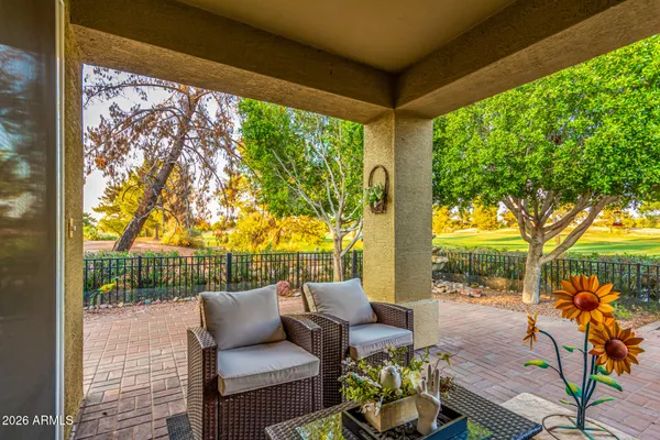 a view of a patio with couches potted plants and a large tree