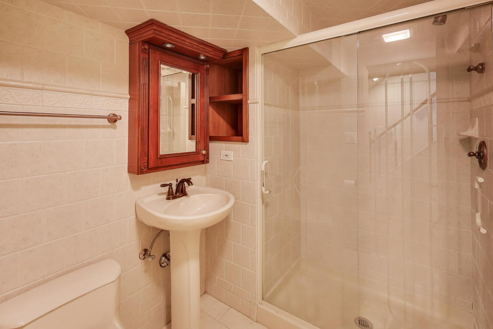 1115 North Ridgeland Avenue Oak Park, IL 60302 - Photo 28 of 40 a bathroom with a sink a mirror and a shower