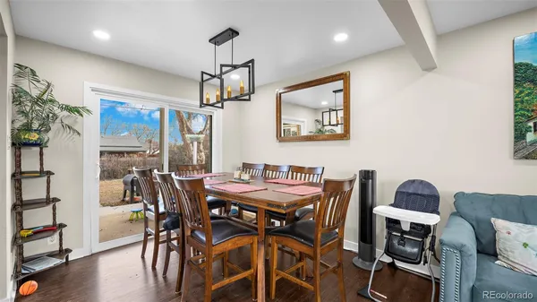 a view of a dining room with furniture and wooden floor
