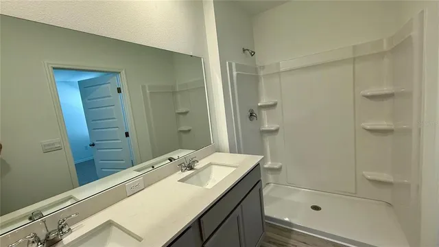 a bathroom with a sink shower and a mirror