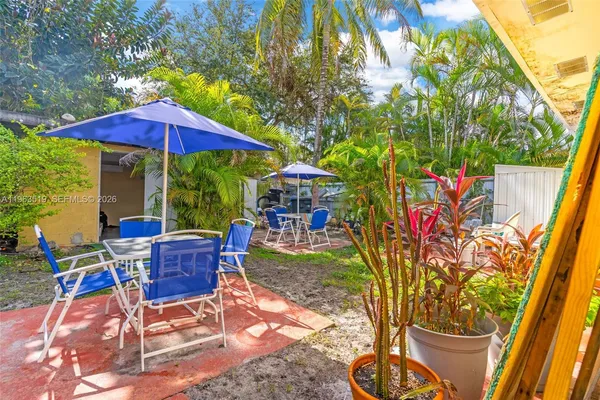 a patio with table and chairs