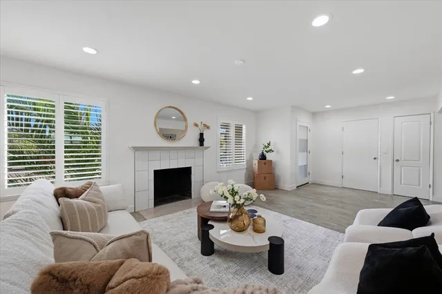 a living room with furniture a fireplace and a potted plant