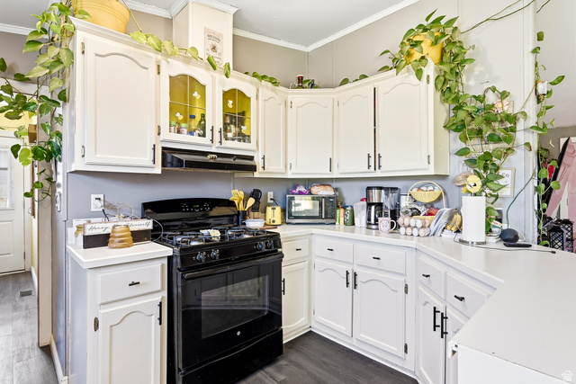 4296 Maple Lane Cedar City, UT 84721 - Photo 13 of 44 Kitchen featuring white cabinetry with dark hardware, a black range with an overhead hood, and light-colored countertops