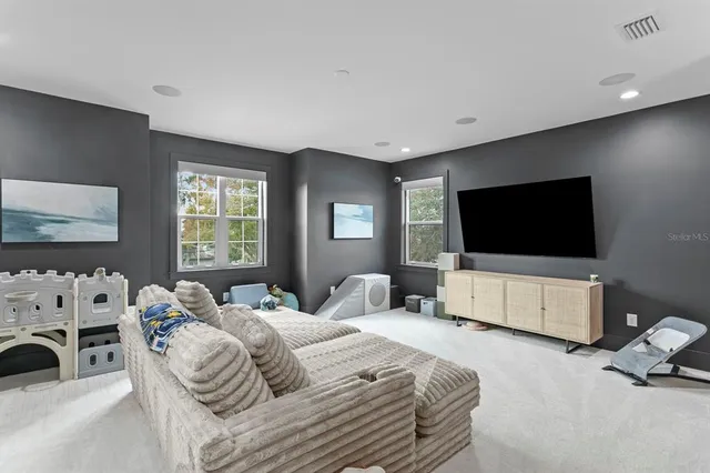 a living room with furniture rug and window