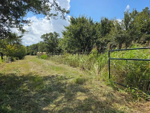 a backyard of a house with lots of green space and trampoline
