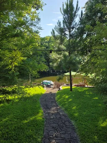 a view of a backyard with large trees