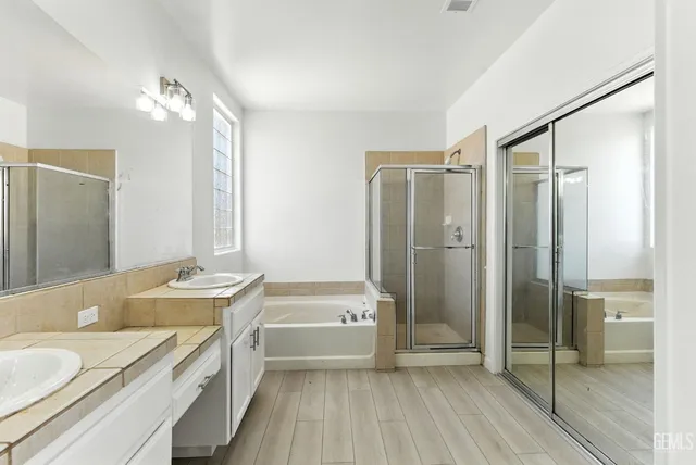 a bathroom with a tub a sink shower and mirror