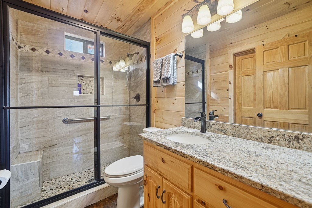 478 Cohutta Mountain Road Blue Ridge, GA 30513 - Photo 16 of 47 a bathroom with a granite countertop sink toilet and shower