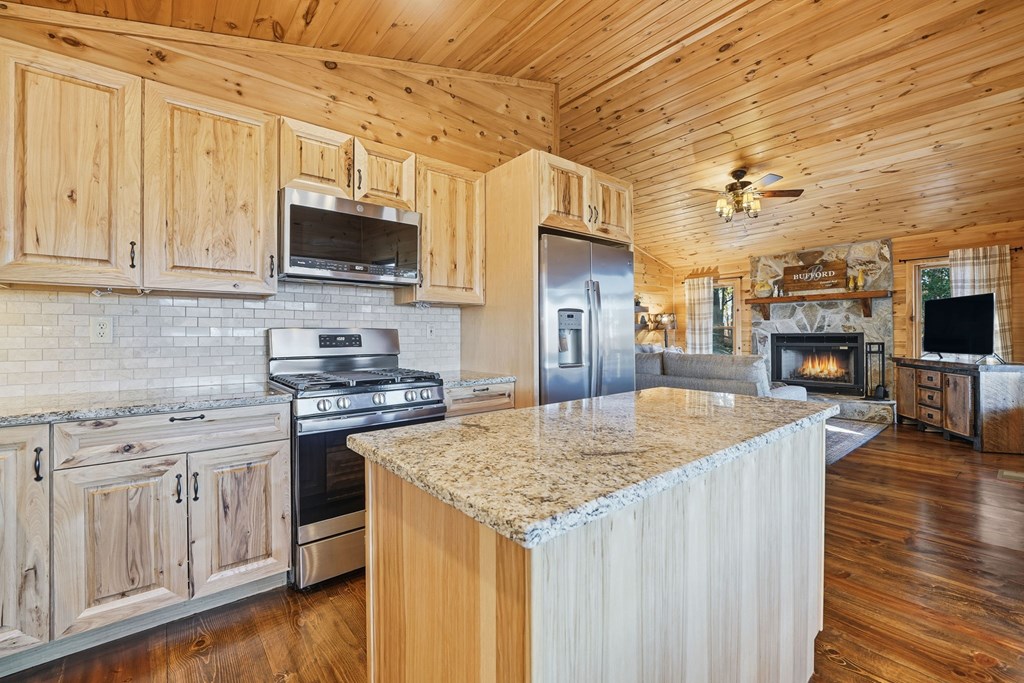 478 Cohutta Mountain Road Blue Ridge, GA 30513 - Photo 10 of 47 a kitchen with stainless steel appliances granite countertop a stove a sink dishwasher and a microwave with wooden floor