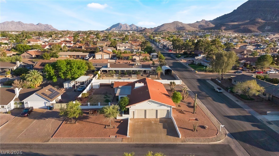 429 Crestway Road Henderson, NV 89015 - Photo 54 of 56 An aerial perspective reveals a charming residential neighborhood set against a picturesque mountain backdrop.