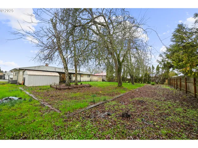 a view of backyard of house with green space
