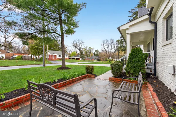 a view of a patio with table and chairs potted plants and a large tree