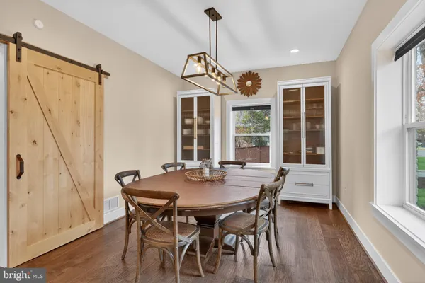 a view of a dining room with furniture window and wooden floor