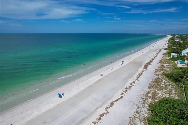 an aerial view of residential houses with outdoor space and trees