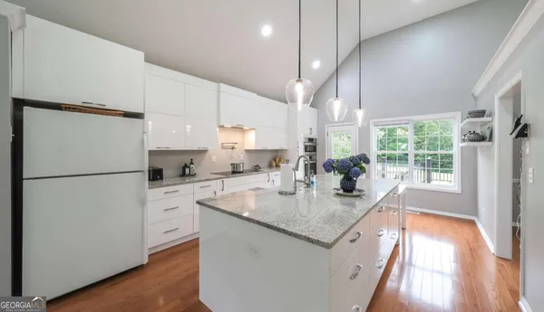 a large kitchen with lots of counter space