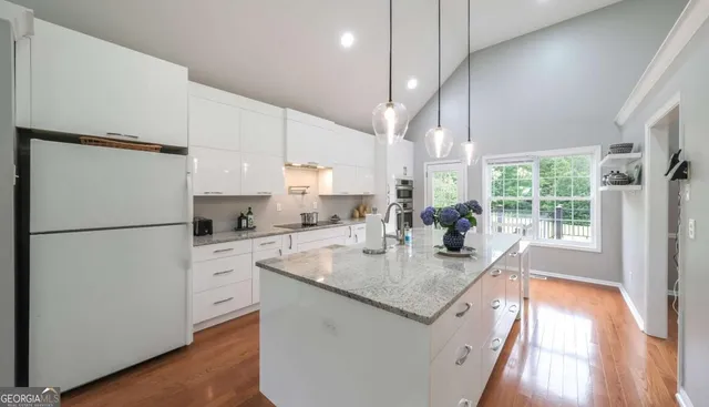 a large kitchen with lots of counter space