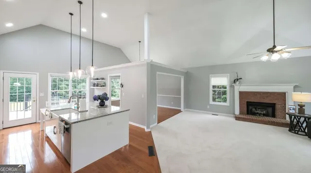 a large kitchen with lots of counter space