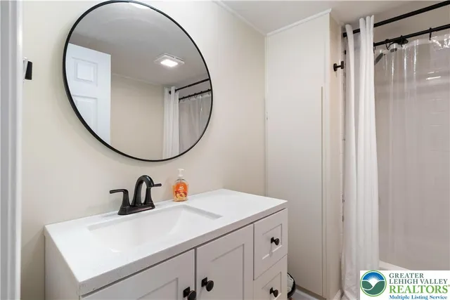 a bathroom with a sink and a mirror