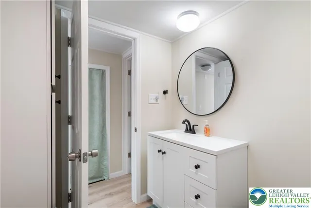 a bathroom with a sink a mirror and a mirror